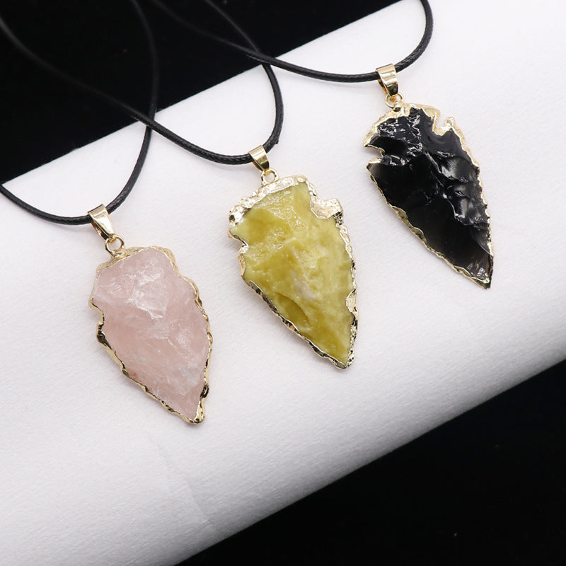 Agate Black Crystal Raw Ore Stone Arrow Pendant Necklace