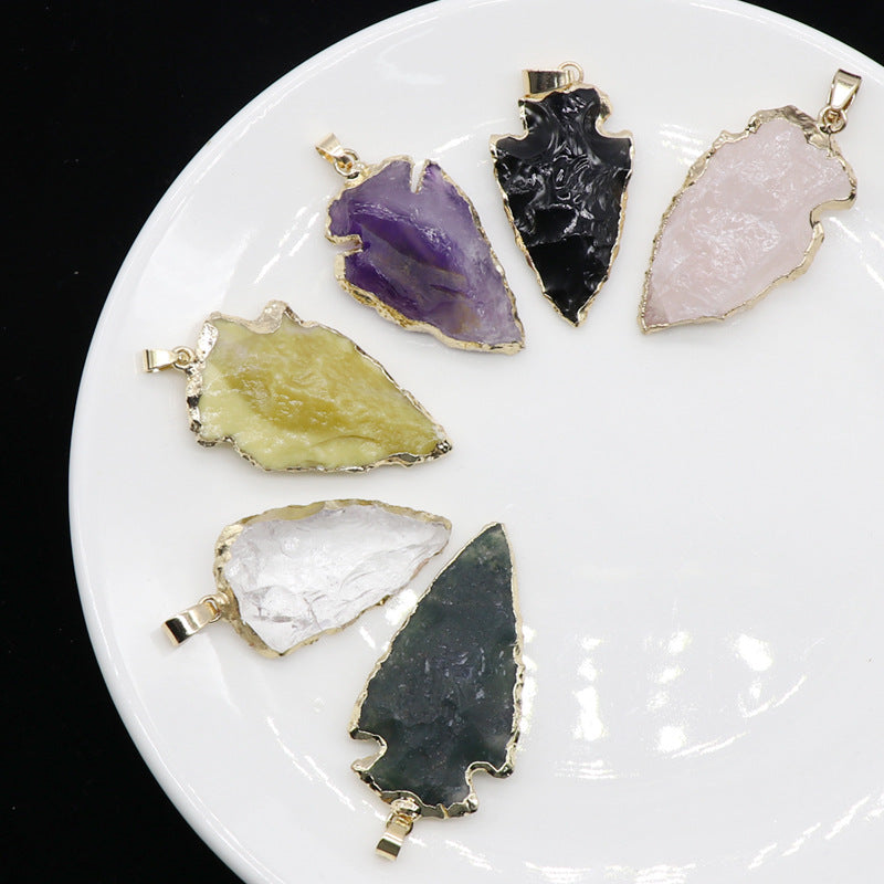 Agate Black Crystal Raw Ore Stone Arrow Pendant Necklace
