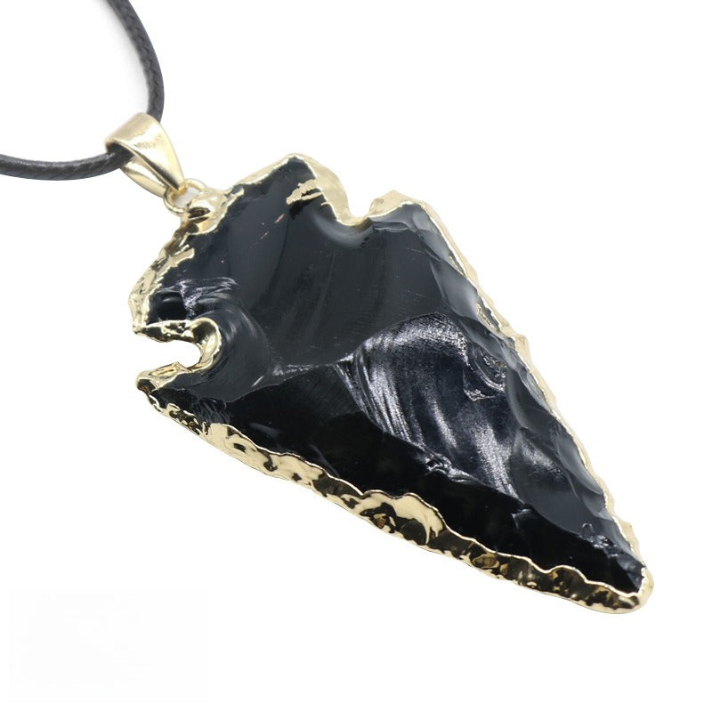 Agate Black Crystal Raw Ore Stone Arrow Pendant Necklace
