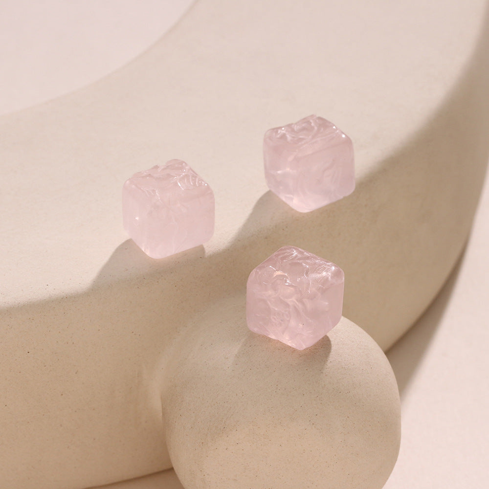 Natural Powder Crystal Phoenix Wear Peony Carving Parts Sugar Cube Loose Beads