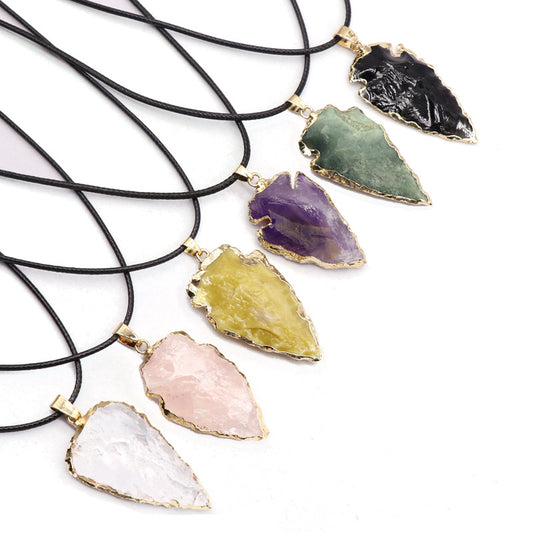 Agate Black Crystal Raw Ore Stone Arrow Pendant Necklace