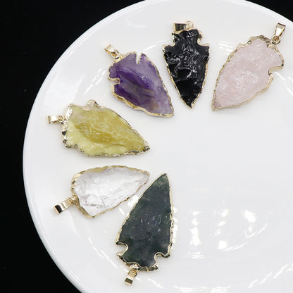Agate Black Crystal Raw Ore Stone Arrow Pendant Necklace