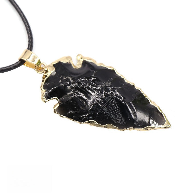 Agate Black Crystal Raw Ore Stone Arrow Pendant Necklace